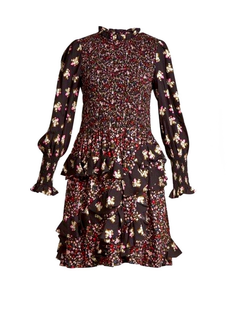 Rebecca Taylor 100% silk dark chocolate Floral Smocked Ruffle Long-Sleeve Dress